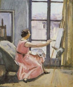 Jeune Fille Enb Rose Peignant by Albert Andre