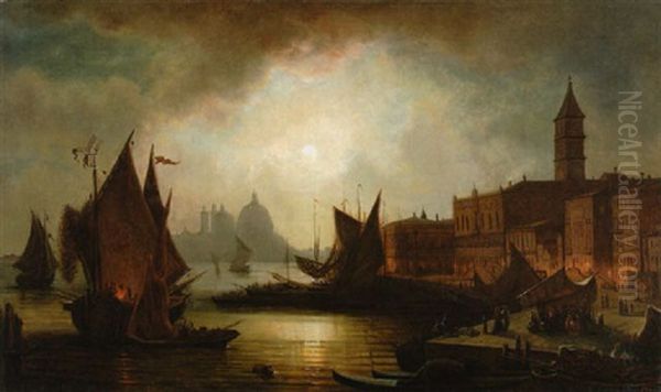 Venedig Bei Mondlicht: Blick Vom Mit Segelbooten Belebten Bacino Di S. Marco Auf Molo Rechts Und S. Maria Della Salute Links - view 1