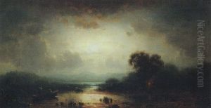 Mondnacht Am Chiemsee. Fischer Im Kahn. Am Ufer Manner Am Feuer by Tobias Andreae