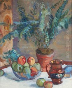 Still Life With Potted Fern, Apples And Jug by Lucien Abrams