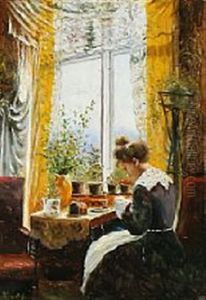 Interior With A Woman Sewing Interior With A Woman Sewing