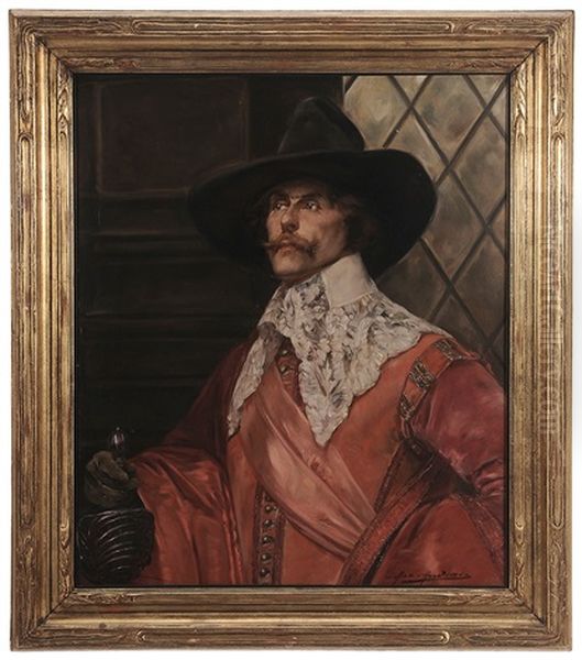 Two Similar Cavaliers In Red: One Facing Left And Holding The Hilt Of A Sword; One Facing Right And Grasping A Glove - view 1