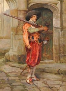 Soldier Standing Beside A Doorway, Wearing 17th/18th Century Costume, Holding A Gun Across His Right Shoulder