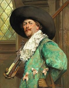 A Portrait Of A Cavalier Holding A Musket by Alex De Andreis