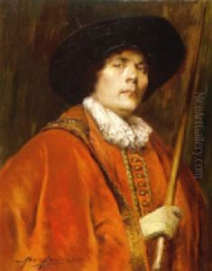 A Portrait Of A Young Man In A Red Cape With A Walking Stick
