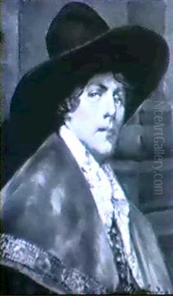 Young Cavalier Wearing A Black Hat And Red Cloak - view 1