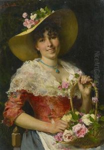 Junge Italienierin Mit Einem Korb Rosen Junge Italienierin Mit Einem Korb Rosen