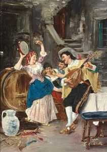 Kroscene Med Mandolinspillende Herre Og Dansende Ung Kvinde by Federico Andreotti
