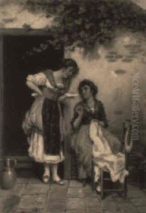 Girls Reading A Letter In A Courtyard