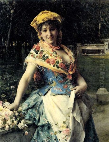 Young Beauty With A Apron Filled With Flowers - view 1