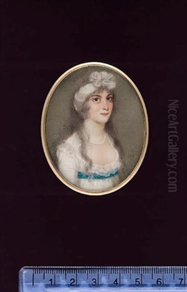 A Lady, Wearing White Dress With Frilled Collar And Blue Ribbon Waistband, Pearl Necklace (+ A Gentleman, Wearing Blue Coat And Frilled White Chemise, His Powdered Hair Worn En Queue, Verso) - view 1