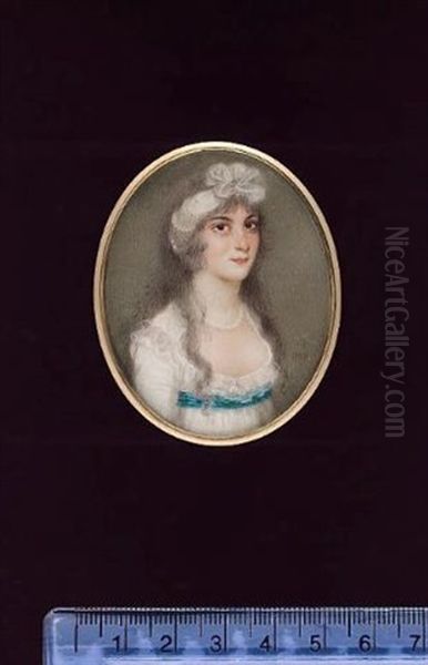 Portrait Of A Lady Wearing White Dress With Frilled Collar And Blue Ribbon Waistband, Pearl Necklace And Bandeau With Pearls In Her Hair (+ Portrait Of A Gentleman, Verso) - view 1