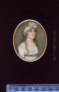 Portrait Of A Lady Wearing White Dress With Frilled Collar And Blue Ribbon Waistband, Pearl Necklace And Bandeau With Pearls In Her Hair (+ Portrait Of A Gentleman, Verso) by Samuel Andrews