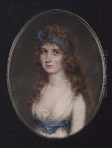 A Young Lady With Blue Bandeau In Her Long Hair, Wearing Decollete White Dress With Lace Underslip And Blue Ribbon Waistband