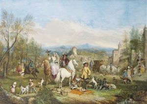 Vornehme Gesellschaft Reitet Von Einem Schloss Aus Zur Jagd