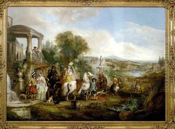 An Elegant Hunting Party Before A Villa, An Extensive Landscape Beyond - view 1