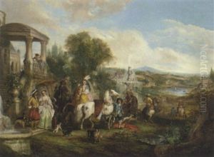 An Elegant Hunting Party Before A Villa, An Extensive Landscape Beyond