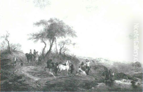 Landscape With Falconers And Damsels Watering Their Horses By A Stream - view 1