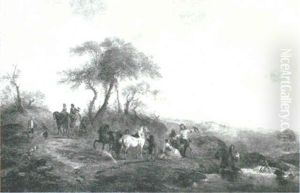 Landscape With Falconers And Damsels Watering Their Horses  By A Stream by Henry Andrews