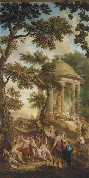 A Bacchanal In A Wooded Landscape, A Temple With An Offer To Bacchus Beyond, In A Trompe L'oeil Frame - view 1