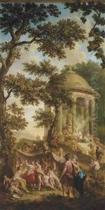 A Bacchanal In A Wooded Landscape, A Temple With An Offer To Bacchus Beyond, In A Trompe L'oeil Frame