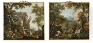 Female Figures And Children Frolicking And Resting By Antique Ruins In A Forest; Nymphs Resting Beside Water In A Lush Forest, A Stag In The Distance (pair) by Jurriaan Andriessen