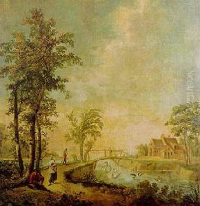 Travellers Resting On The Verge Of A Sandy Road By A Lake, A Farm Beyond Travellers Resting On The Verge Of A Sandy Road By A Lake, A Farm Beyond