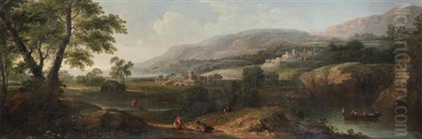 An Extensive Italianate Landscape With Figures Resting By A River - view 1