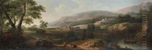 An Extensive Italianate Landscape With Figures Resting By A River