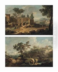 A Classical River Landscape With Travellers And Washerwomen Amongst Ruins; And A Mountainous River Landscape With Travellers by Paolo Anesi