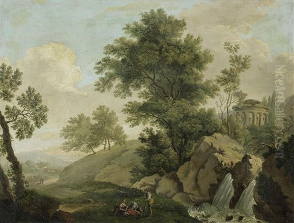Figures Resting On A Riverbank Before A Waterfall, A Classical Temple Beyond - view 1