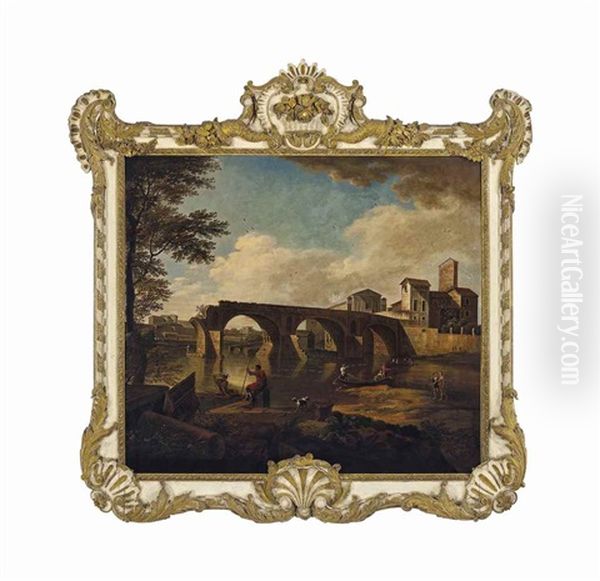 A Ruined Bridge In The Roman Campagna With Figures Along A River With Boaters And Fishermen - view 1