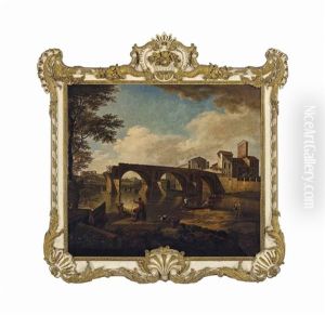 A Ruined Bridge In The Roman Campagna With Figures Along A River With Boaters And Fishermen