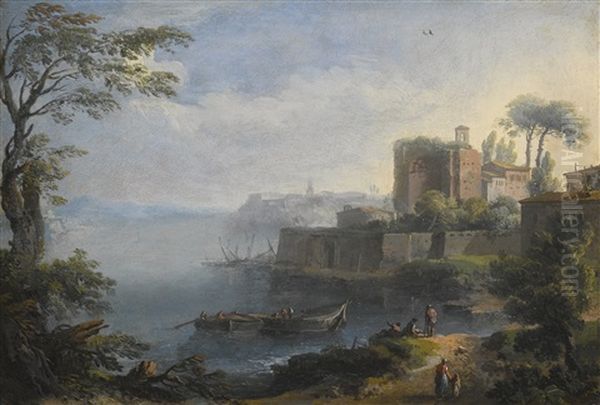 An Italianate Coastal Landscape, With Ruins Above A Fortified Wall, And Figures In Boats And On A Path In The Foreground - view 1