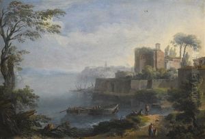 An Italianate Coastal Landscape, With Ruins Above A Fortified Wall, And Figures In Boats And On A Path In The Foreground by Paolo Anesi