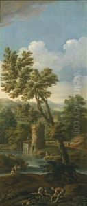 An Italianate River Landscape With Figures In The Foreground Breaking Up A Tree, Fishermen And Mountains Beyond by Paolo Anesi