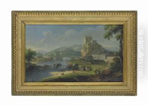 A River Landscape, With Figures Fishing And Travellers On A Path, A Castle And Mountains Beyond