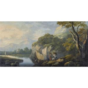 Flusslandschaft Mit Matrosen Beim Beladen Eines Schiffes