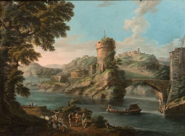 Paysage De La Campagne Romaine Avec Le Mausolee Des Plautii De Tivoli Et Un Fleuve Anime De Bergers - view 1
