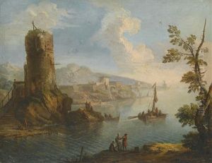 Harbour Scene With A Ruined Watch Tower And Groups Of Figures Standing On The Rocky Shore