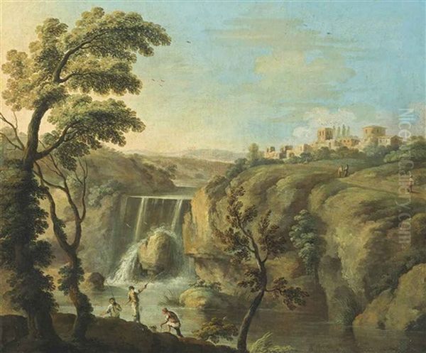 An Extensive Landscape With Fishermen Before A Waterfall, A Town Beyond - view 1