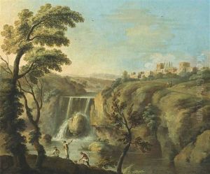 An Extensive Landscape With Fishermen Before A Waterfall, A Town Beyond An Extensive Landscape With Fishermen Before A Waterfall, A Town Beyond