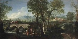 A River Landscape With A Bridge by Paolo Anesi