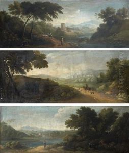 Paysage Anime De Bergers, Cavalier Dans Un Paysage Et Paysans Dans Un Paysage De Riviere (3 Works) by Paolo Anesi