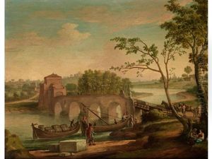 Flusslandschaft Mit Bogenbrucke Und Am Ufer Anliegenden Kahnen