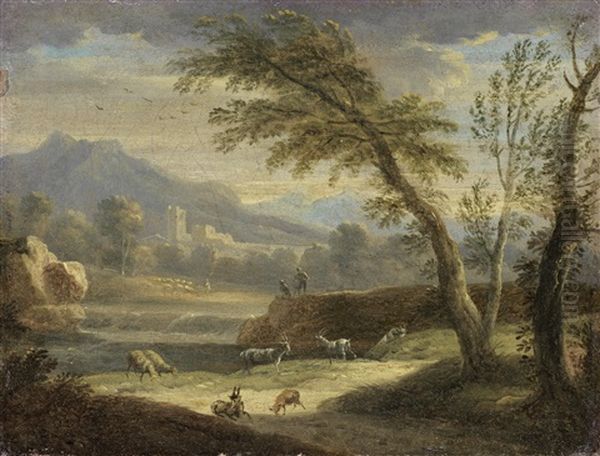 A River Landscape With Figures Beside A Waterfall - view 1