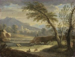 A River Landscape With Figures Beside A Waterfall by Paolo Anesi