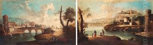 Flodlandskap Med Figurstaffage Och Byggnader (pair) by Paolo Anesi