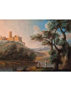 Paesaggio Fluviale Con Citta E Chiesa (+ Paesaggio Lacustre Con Paese Sulla Collina; 2 Works) by Paolo Anesi