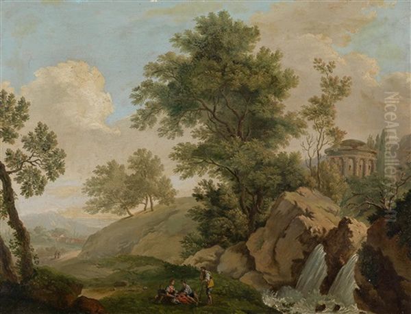 Landschaft Bei Tivoli Mit Den Den Wasserfallen Und Dem Vestatempel, Im Vordergrund Rastende Personen - view 1
